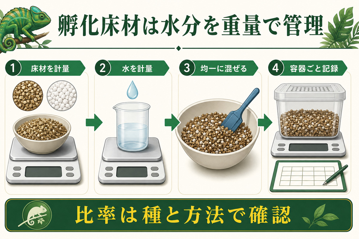 床材と水を別々に計量して均一に混ぜ、孵化容器ごと重量を記録する手順図