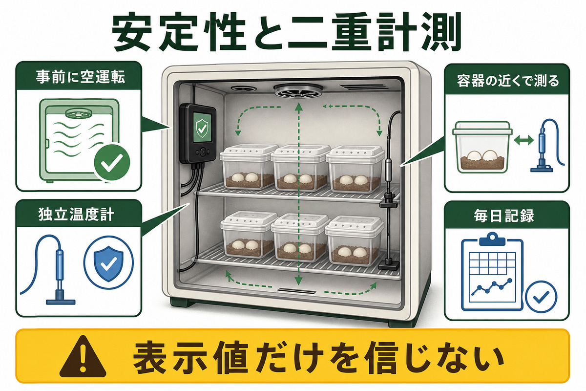 インキュベーターの空運転・独立温度計・容器付近の測定・毎日の記録による二重計測