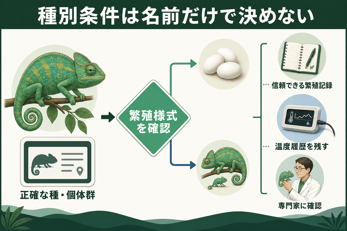 繁殖様式と正確な種・個体群を確認し、繁殖記録・温度履歴・専門家の情報で条件を判断する図解