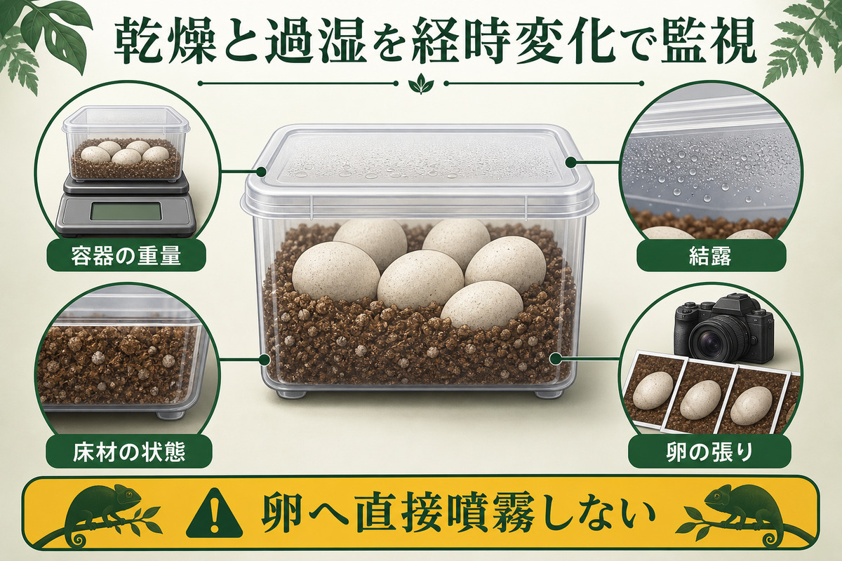 孵化容器の重量・結露・床材の状態・卵の張りを経時的に確認する水分管理図