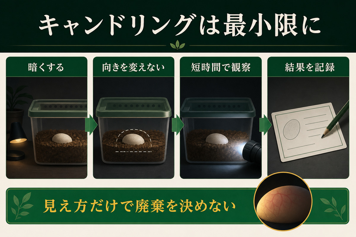 卵の向きを変えず暗所で短時間だけ光を当て、キャンドリング結果を記録する手順図