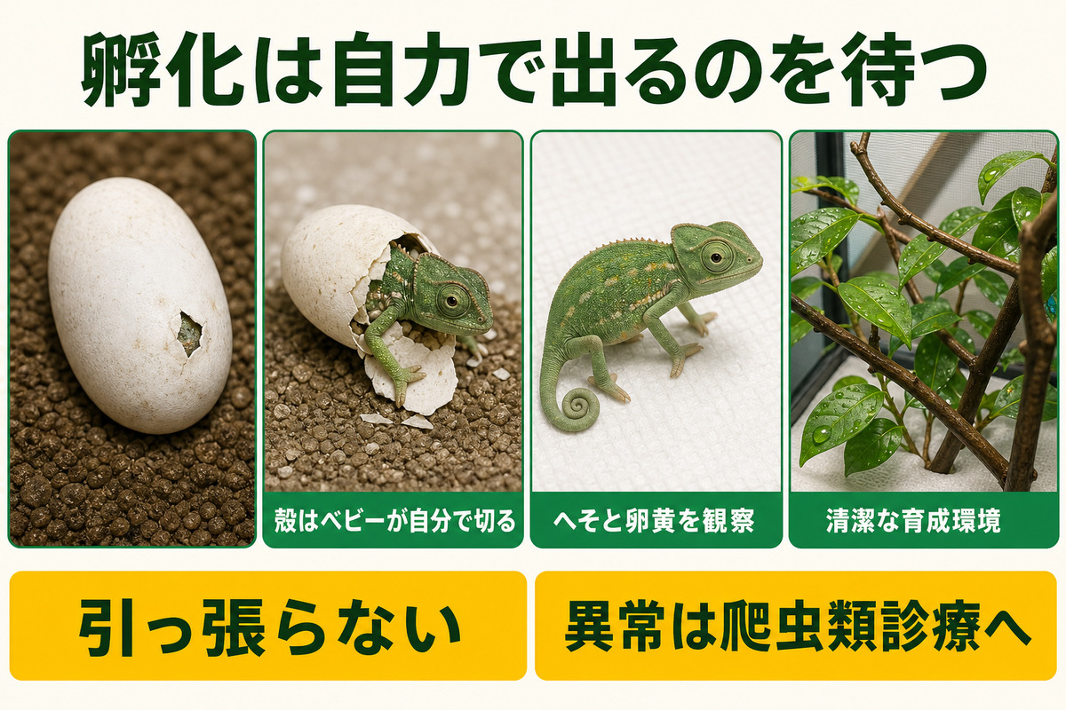 ベビーカメレオンが自力で殻を開けて孵化し、清潔な育成環境へ移るまでを示す図解