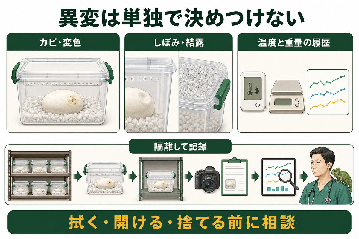 卵のカビ・変色・しぼみ・結露を温度と重量の履歴と合わせ、閉鎖容器ごと隔離記録して相談する図解