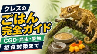 クレステッドゲッコーのCGD・昆虫・果物・拒食対策を示すアイキャッチ