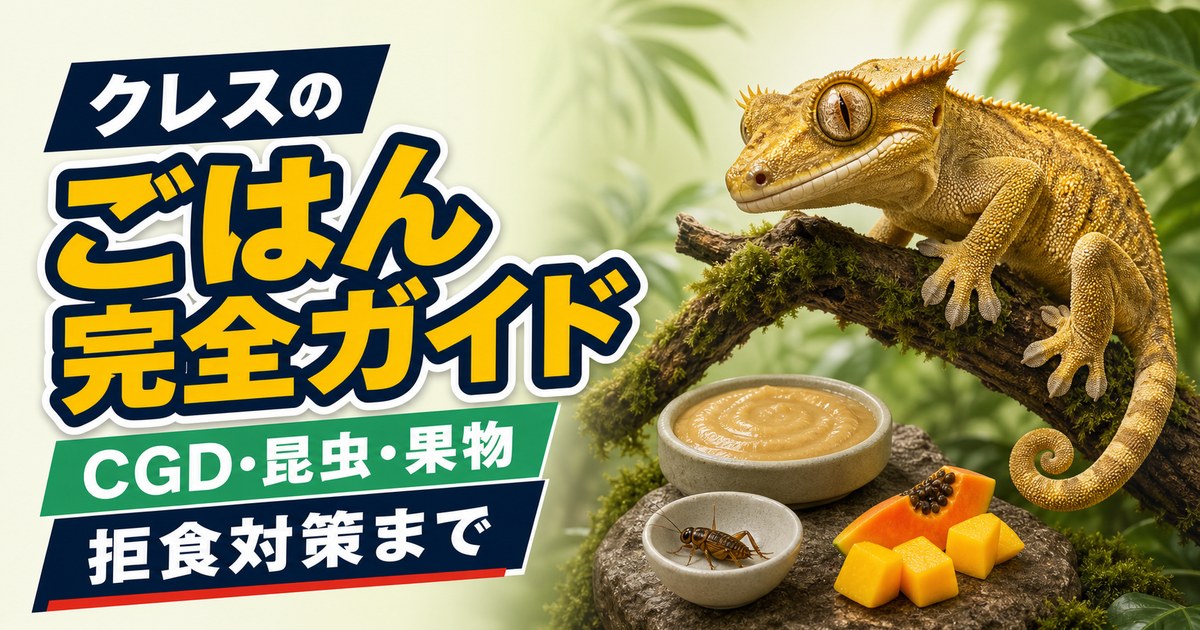 クレステッドゲッコーのCGD・昆虫・果物・拒食対策を示すアイキャッチ