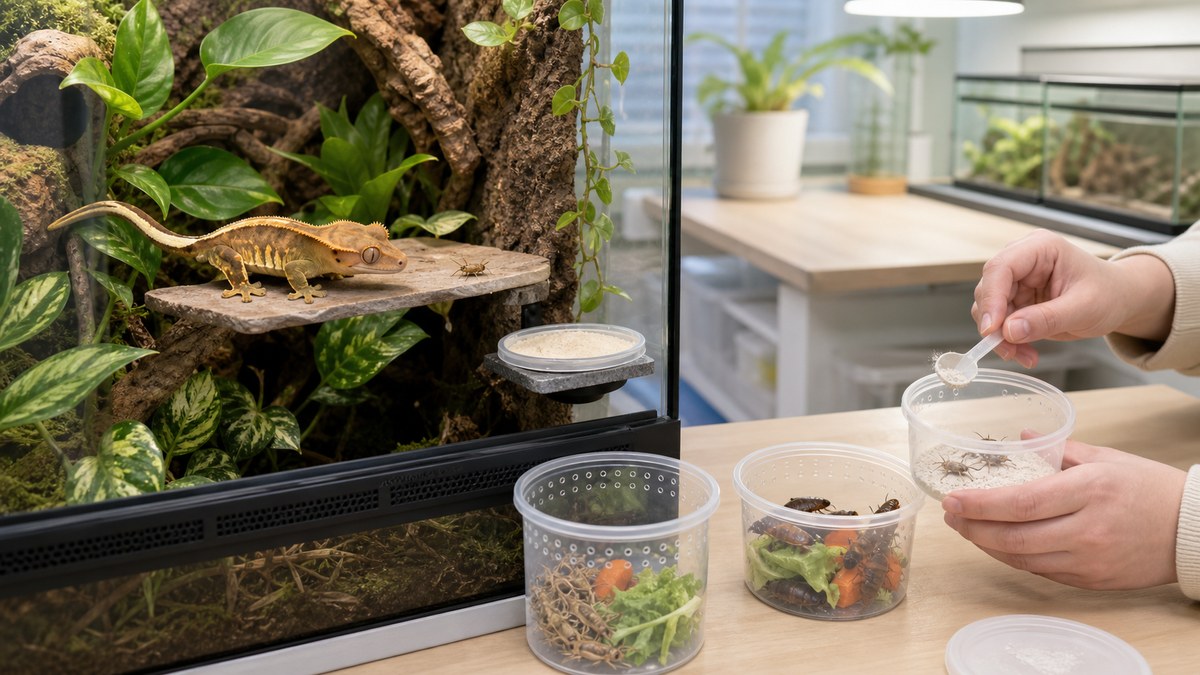 小さなコオロギを追うクレステッドゲッコーと給餌昆虫の栄養管理・ダスティング