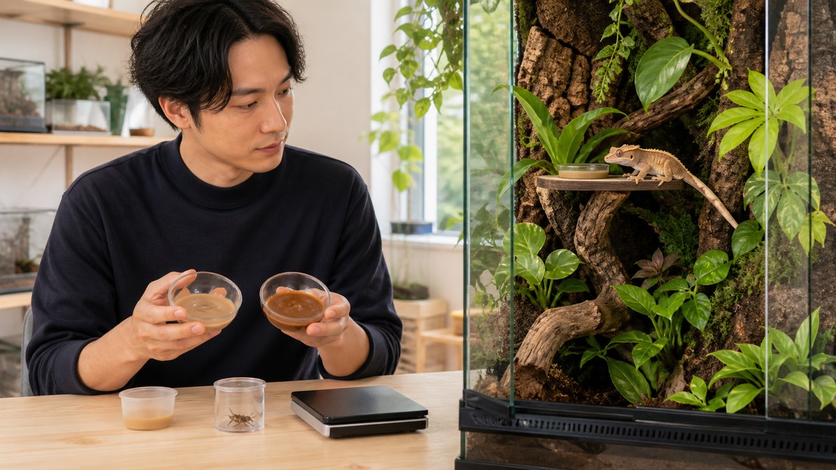 CGDの濃さ・少量カップ・昆虫サイズ・給餌台の位置を見比べる飼育者