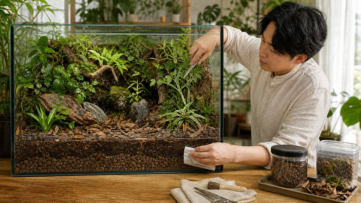 豊かな植栽と剪定・排水確認・部分清掃を並べたバイオアクティブの利点と手間