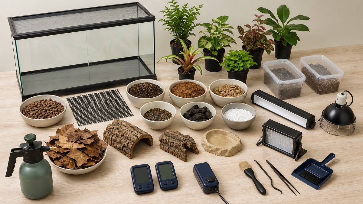 ケージ・床材・植物・清掃生物・照明・測定器を並べたバイオアクティブの必要資材