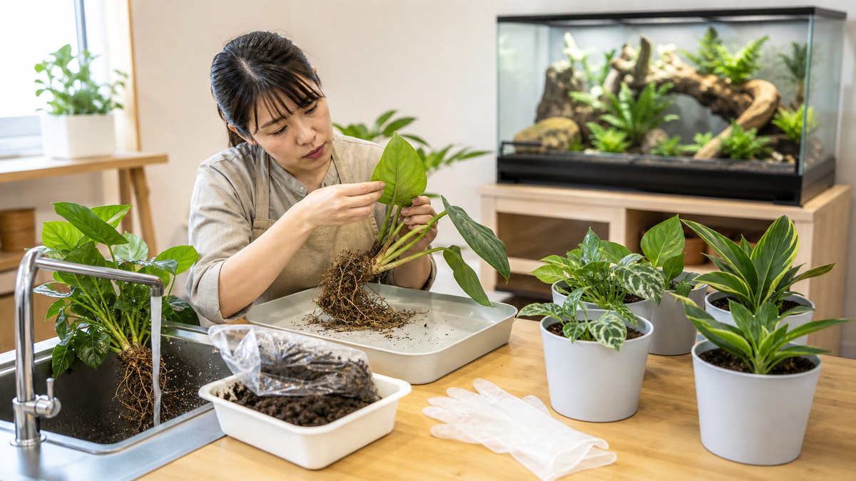 ケージ導入前に植物の葉・根・害虫を確認し洗浄と隔離を行う飼育者