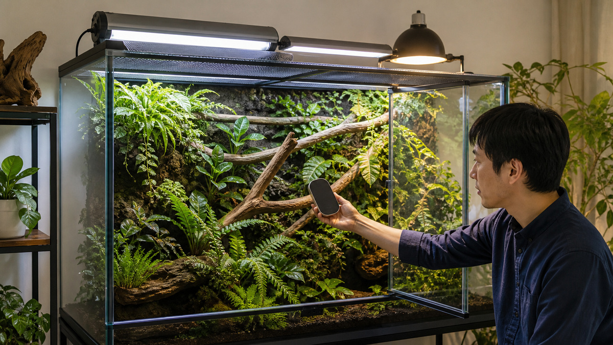 ケージ外のUVB・植物LED・熱源と無表示の測定器で照明を確認する様子