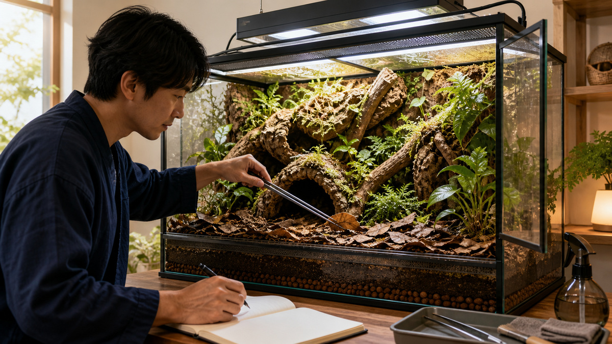 植栽・層状床材・外付け照明・通気・部分清掃を組み合わせた完成ケージ