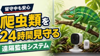 カメレオンの飼育ケージをペットカメラで24時間見守るイメージ