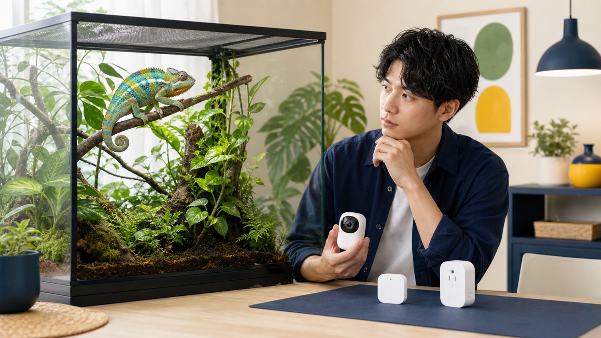 カメレオンを見ながら遠隔監視機器の疑問点を考える飼育者