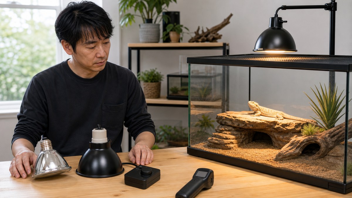 飼育者が冷ましたハロゲン球と器具を見比べながらケージ外設置を確認する様子