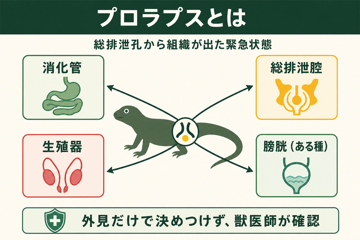 爬虫類の総排泄孔から消化管・総排泄腔・生殖器・膀胱などが脱出し得るため獣医師が臓器を確認する図解