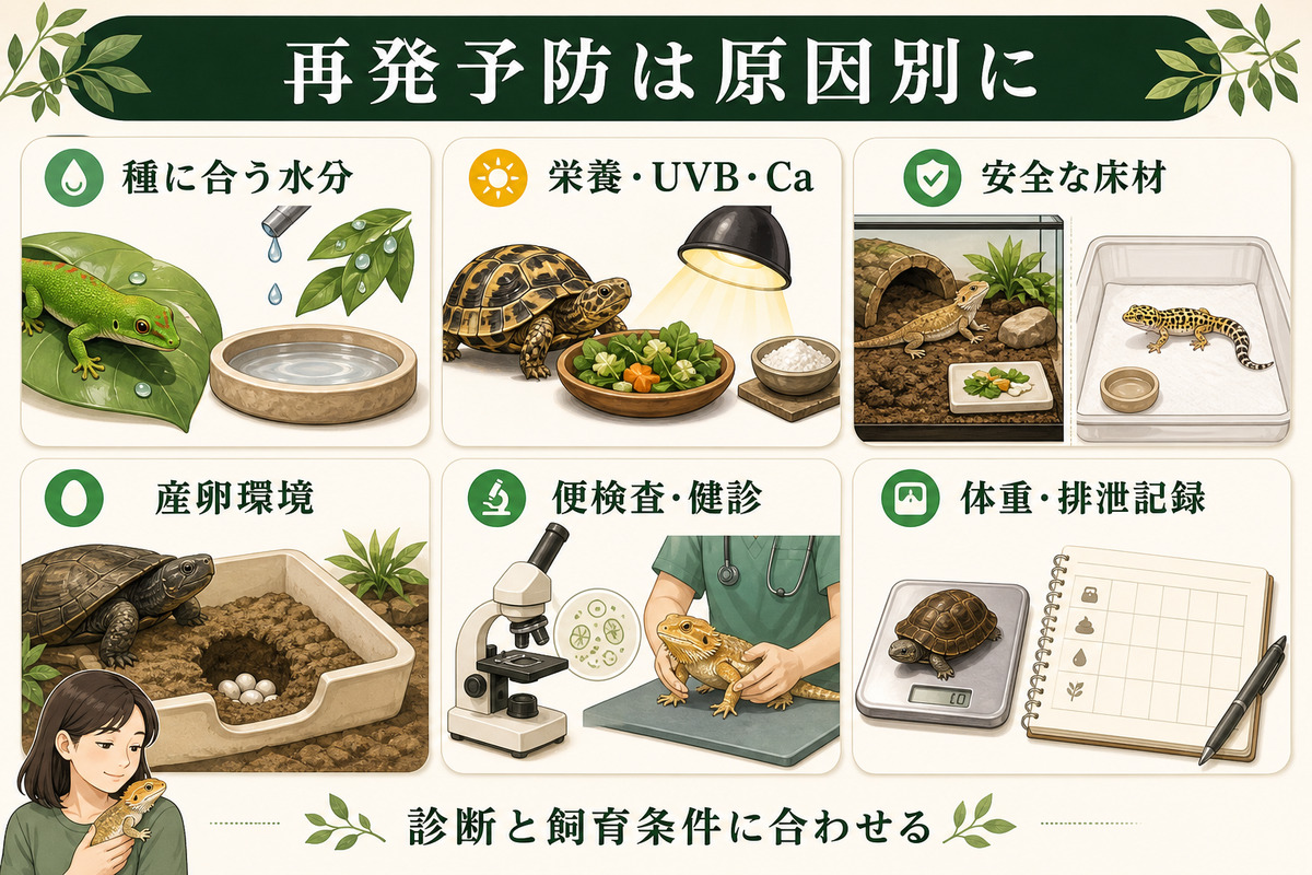 爬虫類のプロラプス再発予防として種に合う水分・栄養・UVB・カルシウム・床材・産卵環境・健診・記録を示す図解