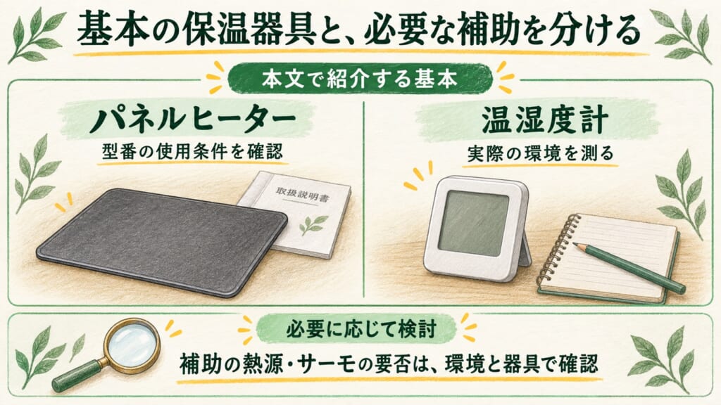 本文で紹介する基本はパネルヒーターと温湿度計。補助熱源とサーモの要否は環境と器具ごとに確認する図。