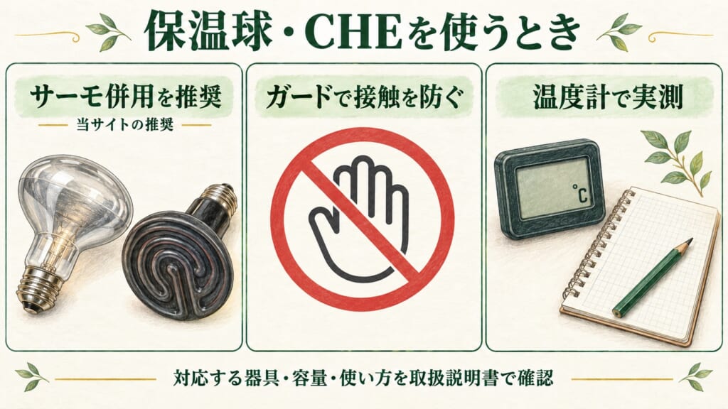保温球・CHEに限った当サイトのサーモ併用推奨、接触防止、温度計での実測を示す図。