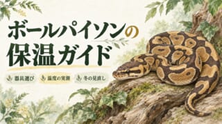 ボールパイソンの保温ガイド。器具選び、温度の実測、冬の見直しを伝えるイラスト。
