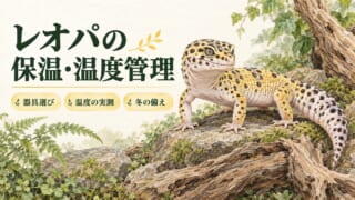 レオパの保温と温度管理。器具選び、温度の実測、冬の備えを伝えるイラスト。