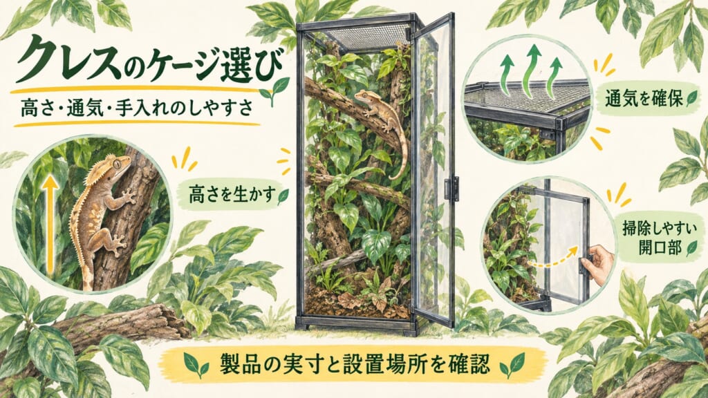 クレスが枝を登る縦型ケージの模式図。高さ、通気、前面からの手入れのしやすさを示す。