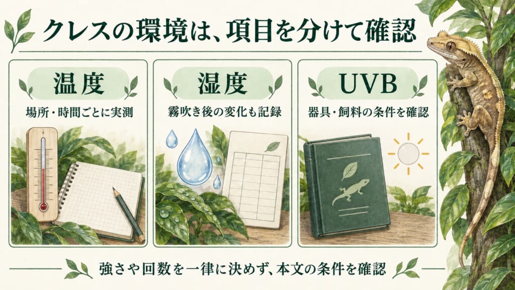 クレスの温度、湿度、UVBを別々に確認し、測定と記録、器具と飼料の条件を確かめる図。