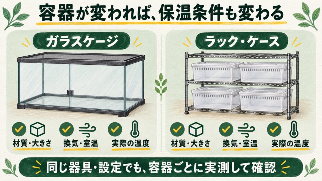 ガラスケージとラック・ケースについて、材質、大きさ、換気、室温、実際の温度を比較する図。