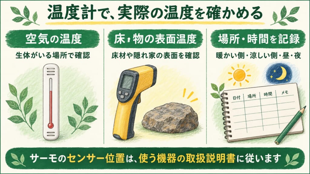 空気の温度と床や物の表面温度を区別し、場所と時間を記録する図。サーモのセンサー位置は機器の説明書で確認。