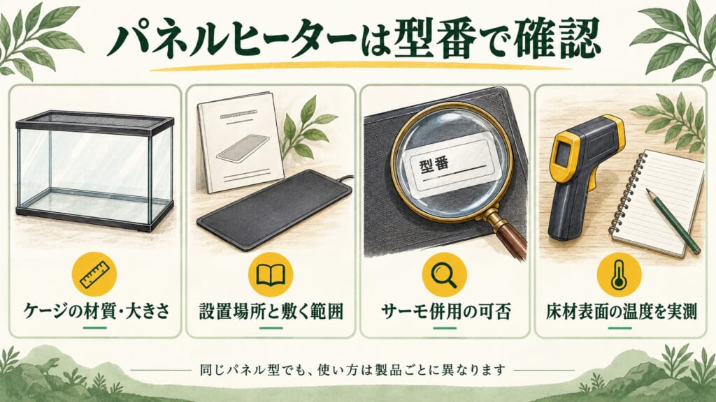 ケージの材質と大きさ、設置場所と範囲、サーモ併用の可否、床材表面の実測を確認する図。