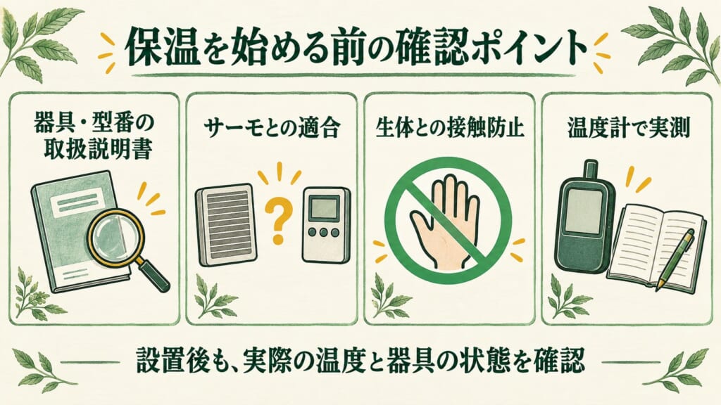 器具の説明書、サーモとの適合、生体との接触防止、温度計での実測を確認する図。