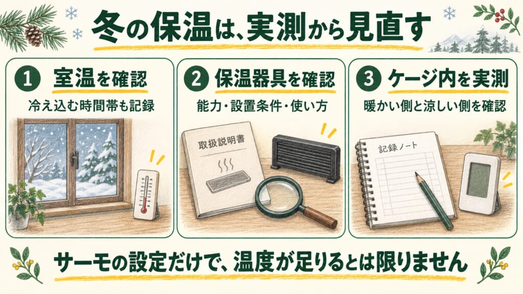 冬の室温、保温器具の能力と設置条件、ケージ内の暖かい側と涼しい側の温度を確認する図。